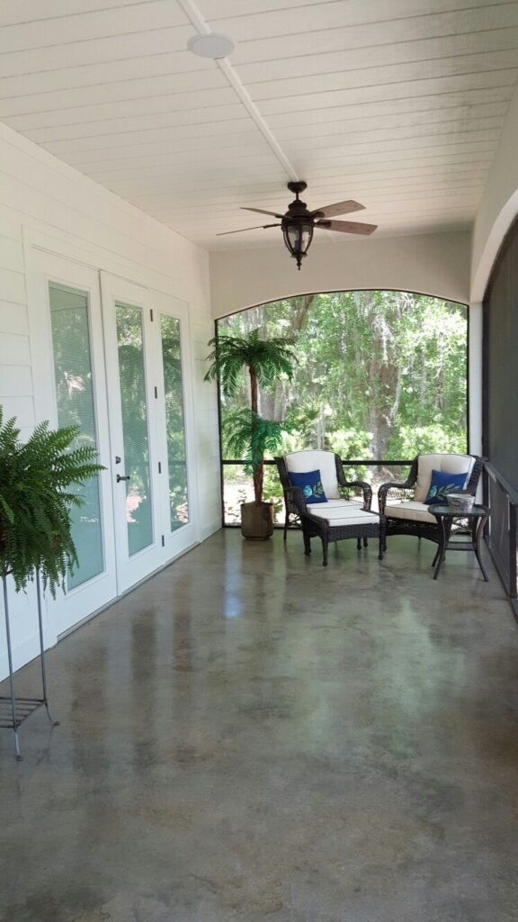 Stamped concrete porch floor outside a set of french doors in Winchester VA